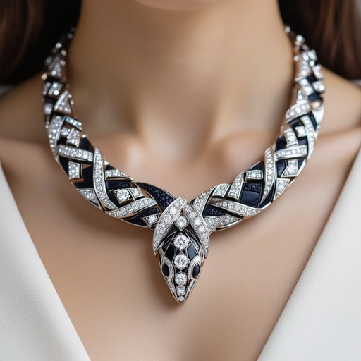 Necklace of geometric snake leather with diamonds of architecture shapes