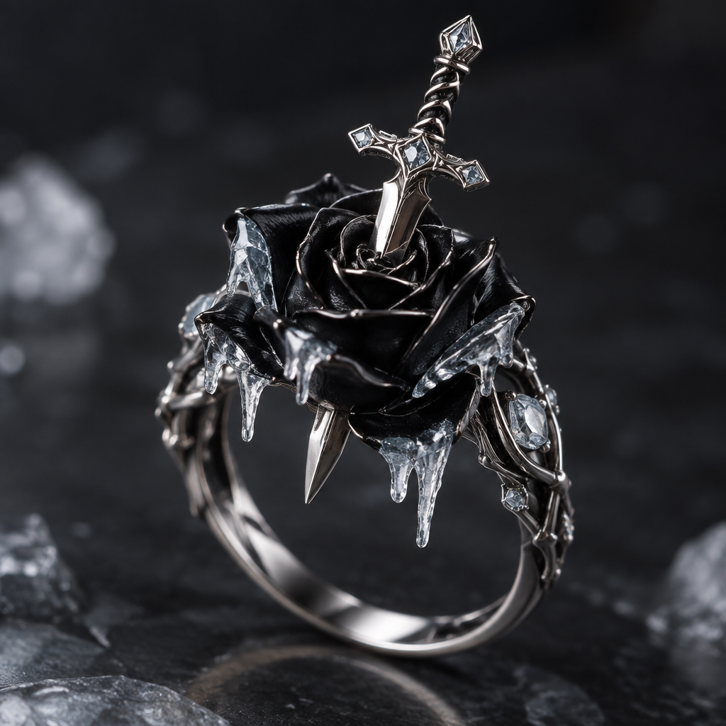 A women's ring. a dagger
pierced down on a black rose with ice features
photorealistic jewelry design, A women's ring. a dagger
pierced down on a black rose with ice features, modern style, just the design no text