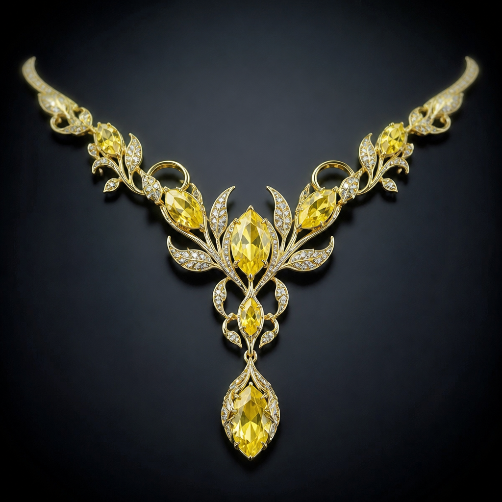 Yellow gems on necklace
photorealistic jewelry design, Yellow gems on necklace, fantasy style, just the design no text
