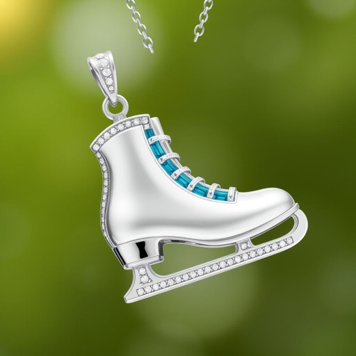 Silver Pendant shape one ice skate with turquoise stripe inside the low thin part blade