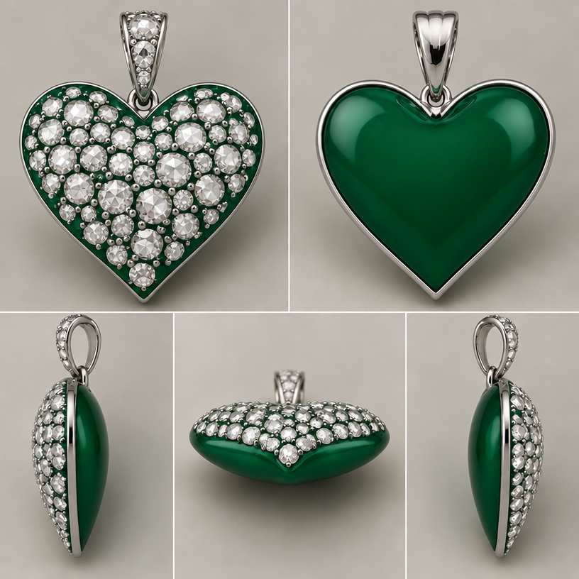 The back to remain plain enamel and the front base should also be of green enamel
edit the attached jewelry design with these instructions: The back to remain plain enamel and the front base should also be of green enamel. keep it photorealistic, just the design no text