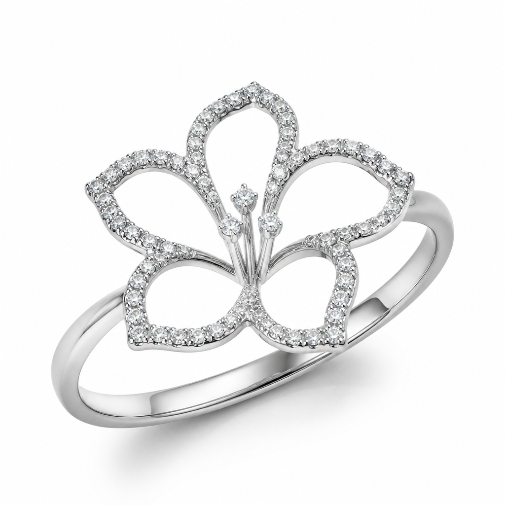A women's ring made of silver with diamond stones. hibicus ligne fine, (diamand poutours des petales vide, toutes les petales) et delicat ,3 tres petit diamand dans le milieu au bout de la tige interieur de la fleur vide, plus detail, 5 petales chaine de chaque coté, tige qui ne depasse la fleur, minimaliste mince féminin, avec anneau pas de chaine
photorealistic jewelry design, A women's ring made of silver with diamond stones. hibicus ligne fine, (diamand poutours des petales vide, toutes les petales) et delicat ,3 tres petit diamand dans le milieu au bout de la tige interieur de la fleur vide, plus detail, 5 petales chaine de chaque coté, tige qui ne depasse la fleur, minimaliste mince féminin, avec anneau pas de chaine, modern style, just the design no text
