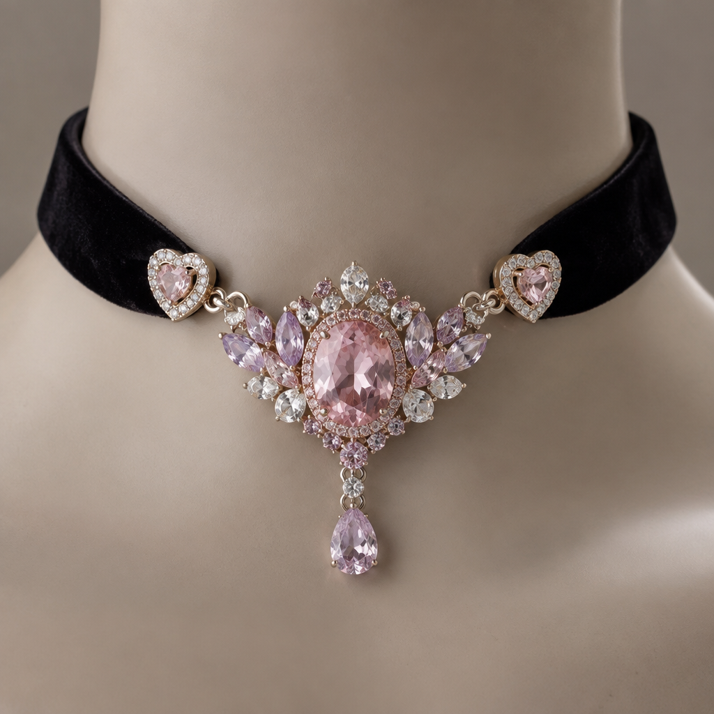 A women's necklace. una gargantilla ,el cuello de la gargantilla es tela de terciopelo,y el centro es la joya que caracteriza,se diamantes rosa,lila y blanco,colores suaves y pastelesa los lados se sostiene con la tela con dos detalles con forma de corazón,en los laterales unos pequeños diamantes blancos
photorealistic jewelry design, A women's necklace. una gargantilla ,el cuello de la gargantilla es tela de terciopelo,y el centro es la joya que caracteriza,se diamantes rosa,lila y blanco,colores suaves y pastelesa los lados se sostiene con la tela con dos detalles con forma de corazón,en los laterales unos pequeños diamantes blancos, modern style, just the design no text