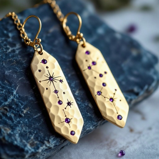 Серьги длинные на цепочках матовое золото мятое. Символ схематично созвездие. Маленькие фиолетовые камушки