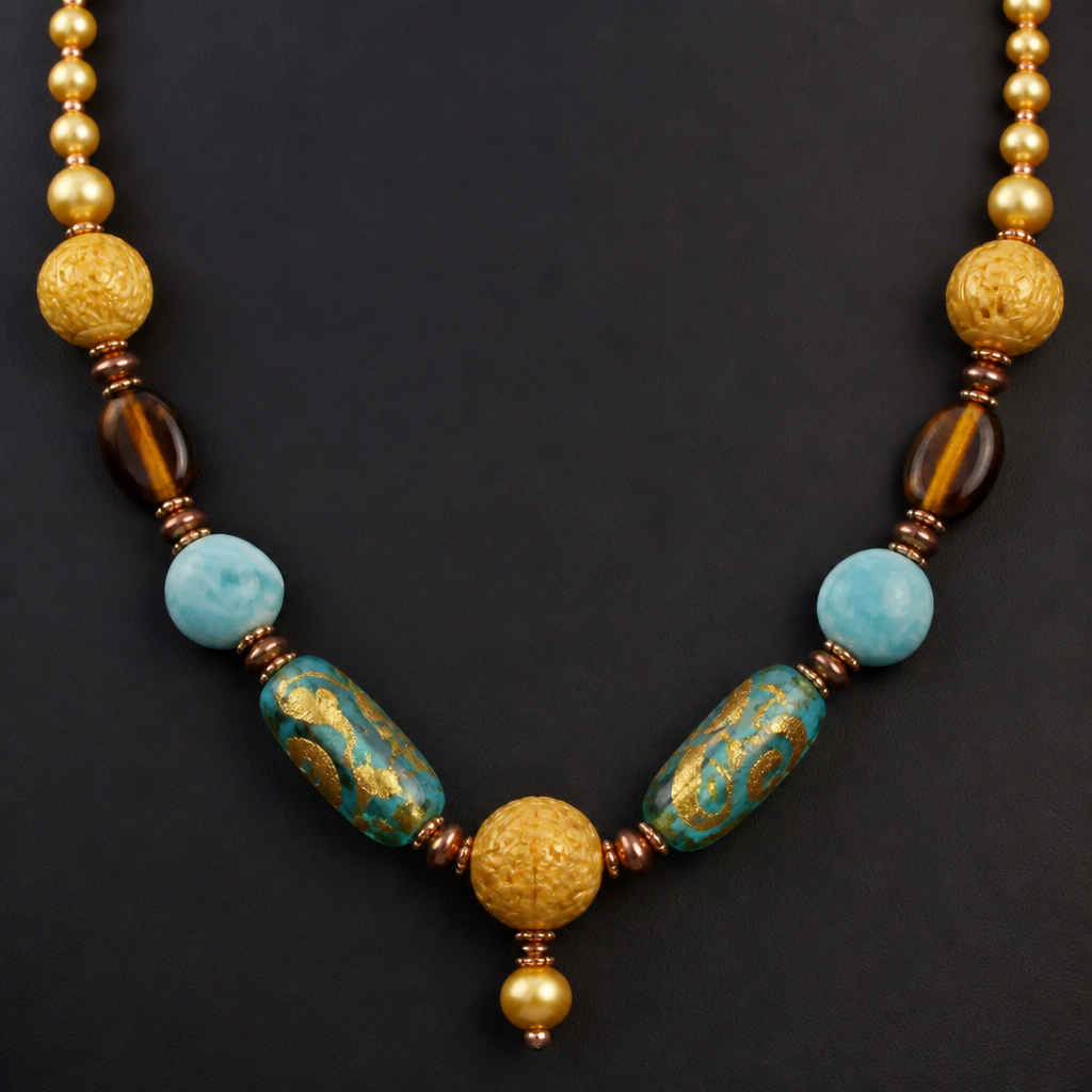 Venetian turquoise colored Glass with gold foiled swirl beads 26mm x 16mm, Larimar tumbles 12mm
× 13mm beads, gold genuine freshwater pearls 8mm, 17mm carved yellow/gold Jade round beads, 12mm x 17mm oval tigers eye beads, 5mm x 10mm rondels copper beads, necklace
photorealistic jewelry design, Venetian turquoise colored Glass with gold foiled swirl beads 26mm x 16mm, Larimar tumbles 12mm
× 13mm beads, gold genuine freshwater pearls 8mm, 17mm carved yellow/gold Jade round beads, 12mm x 17mm oval tigers eye beads, 5mm x 10mm rondels copper beads, necklace, renaissance style, just the design no text