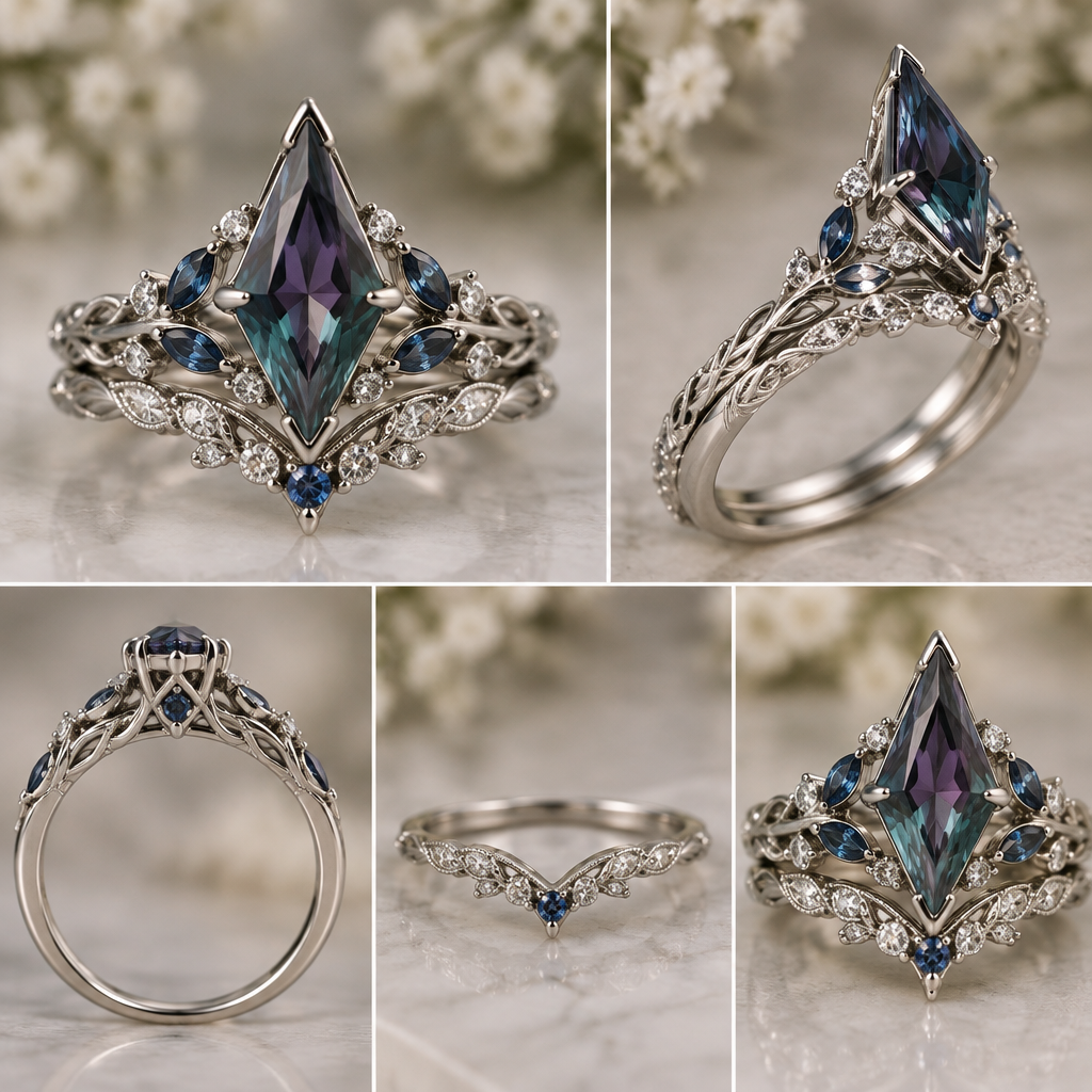 A nature-inspired women's ring made of platinum suitable for engagement, highly ornate, intricate and elaborate, richly detailed. Stone shape
• offset Kite
Stone type
• Lab grown Alexandrite center stone
Carat
• Kite max size 13x6mm approx. 1.5-2 ct
Ring size
• 7 3/4
Other details
• Low to medium profile
• Claw or double claw prongs
• Matching wedding band that is flush with the engagement ring
• Slightly nature inspired but I don't want it to take over the ring
• Moissanite, London blue topaz, and/or sapphire accent stones
photorealistic jewelry design, A nature-inspired women's ring made of platinum suitable for engagement, highly ornate, intricate and elaborate, richly detailed. Stone shape
• offset Kite
Stone type
• Lab grown Alexandrite center stone
Carat
• Kite max size 13x6mm approx. 1.5-2 ct
Ring size
• 7 3/4
Other details
• Low to medium profile
• Claw or double claw prongs
• Matching wedding band that is flush with the engagement ring
• Slightly nature inspired but I don't want it to take over the ring
• Moissanite, London blue topaz, and/or sapphire accent stones, nature_inspired style, just the design no text