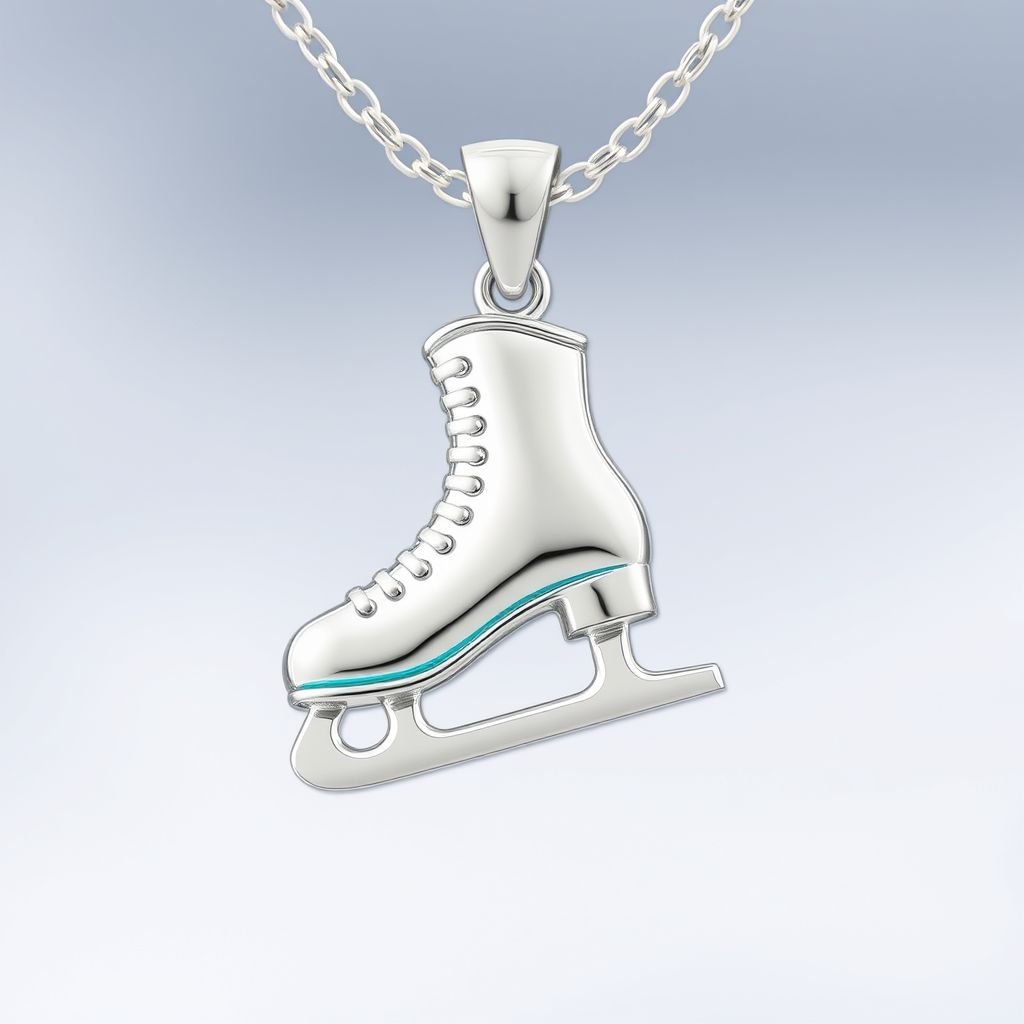 Silver Pendant shape one ice skate with turquoise stripe inside the low thin part blade 