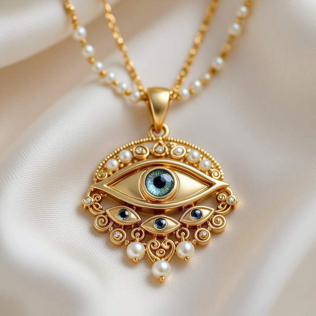 Кулон на длинной цепочке. Матовое светлое золото. В цепочке небольшие золотые шарики и жемчуг. Кулон это перевернутый глаз, снизу еще два глаза узоры завитушки 