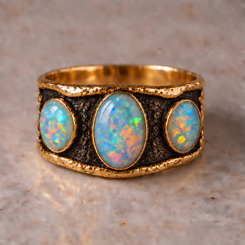 Restyled: add antiquing between opals
Restyle the jewelry piece in the image: add antiquing between opals. Keep the overall design and composition unless instructed otherwise. Photorealistic jewelry photograph, no text.