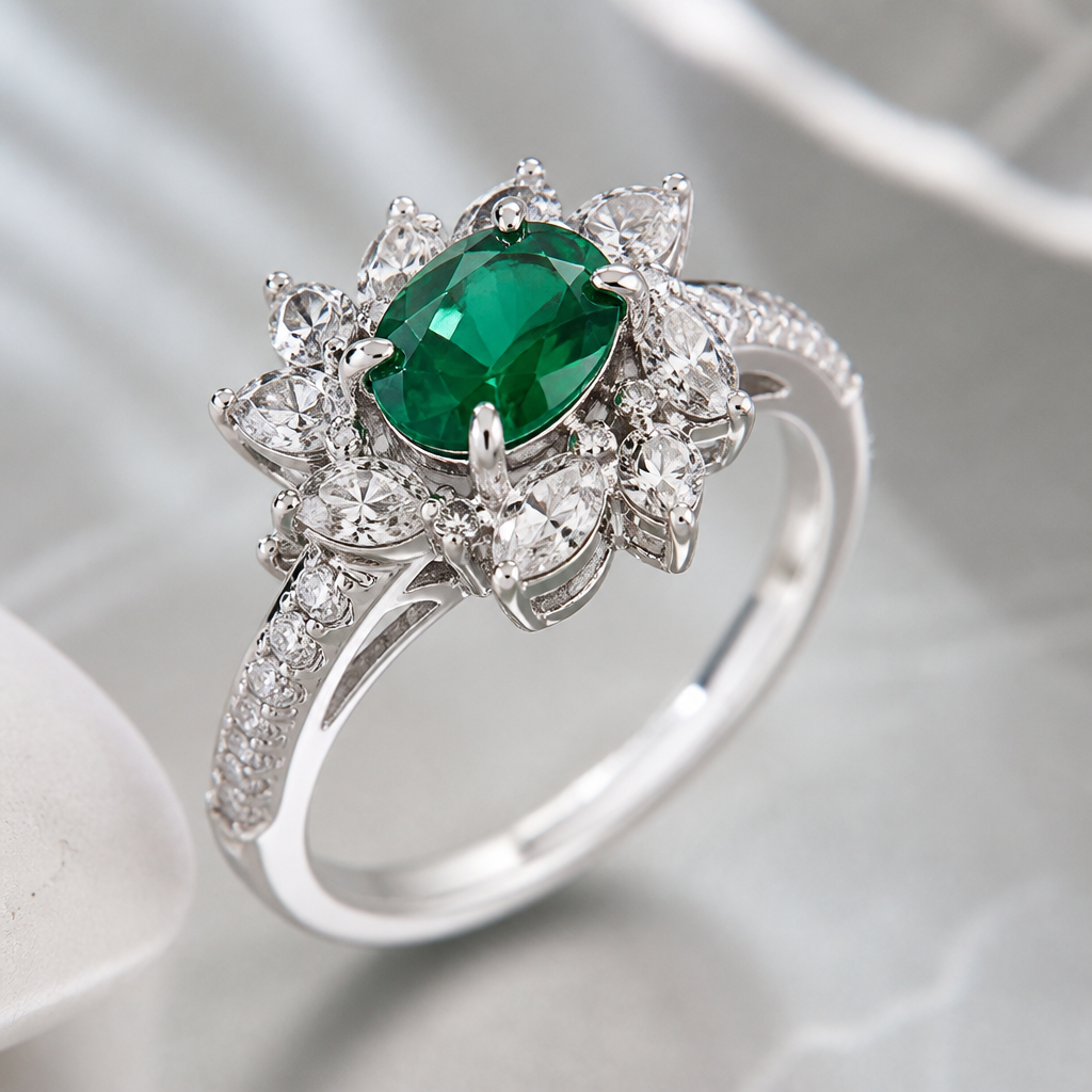 A modern women's ring made of silver with diamond and emerald stones, detailed and decorative, moderately ornate. a good looking ring that can attract any female and make her buy...
photorealistic jewelry design, A modern women's ring made of silver with diamond and emerald stones, detailed and decorative, moderately ornate. a good looking ring that can attract any female and make her buy..., modern style, just the design no text