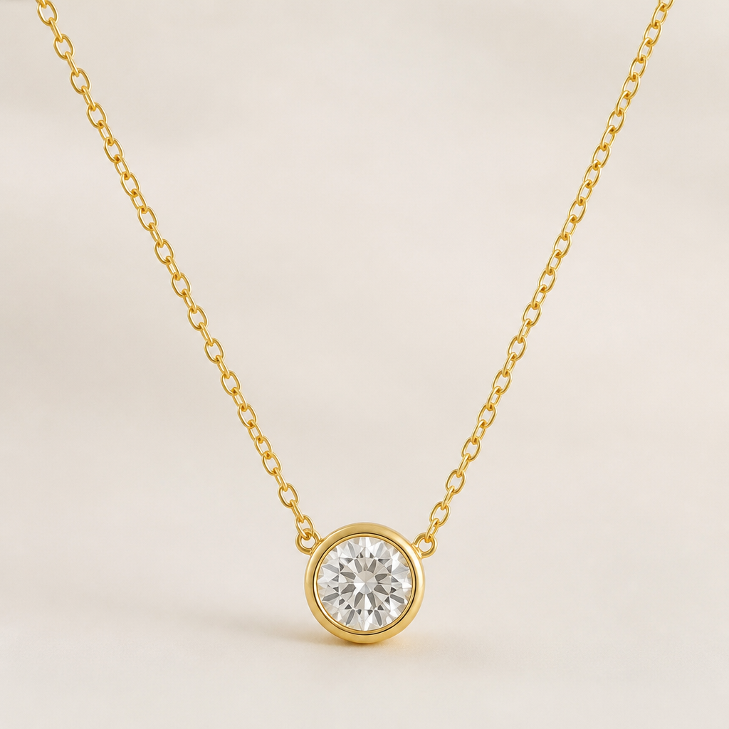 A modern women's necklace made of gold. bezel pendant
photorealistic jewelry design, A modern women's necklace made of gold. bezel pendant, modern style, just the design no text