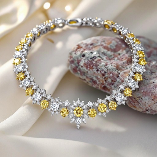 Architecture geomatric bold Curvy and abstract edges of architecture necklace of white diamonds and yellow diamonds