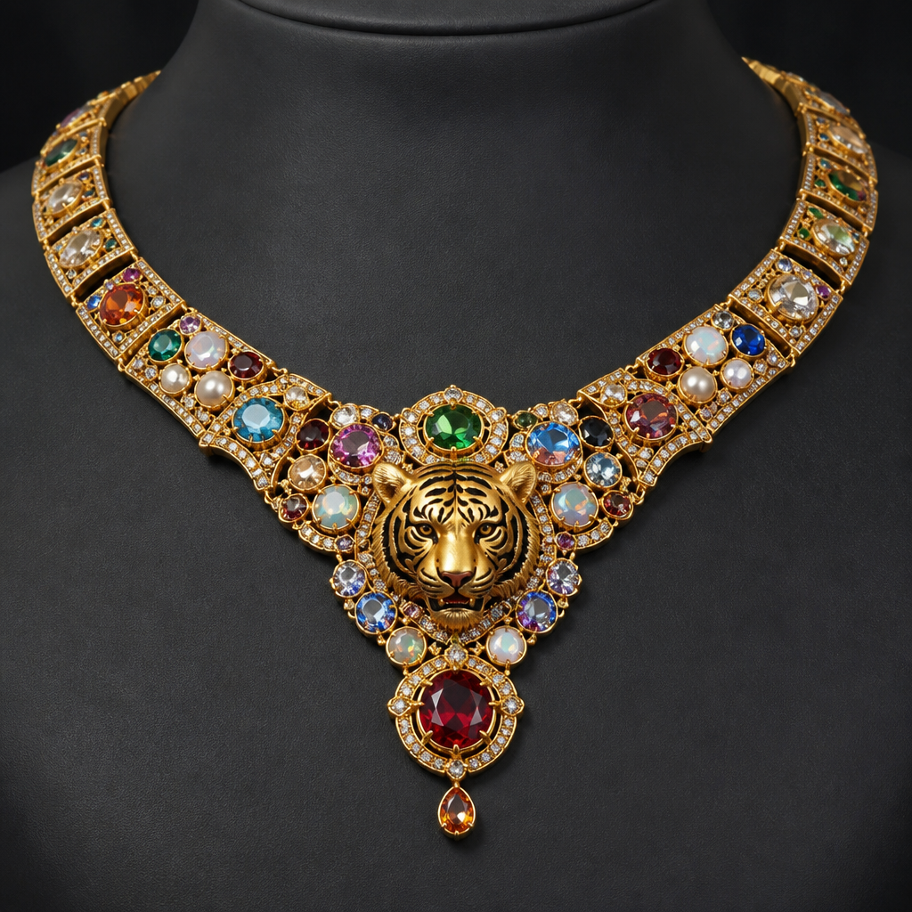 A luxury men's necklace made of gold with diamond and ruby and sapphire and opal and amethyst and turquoise and aquamarine and garnet and pearl and emerald and topaz stones suitable for wedding. a jwellery ha mini many gemstone and tiger design
photorealistic jewelry design, A luxury men's necklace made of gold with diamond and ruby and sapphire and opal and amethyst and turquoise and aquamarine and garnet and pearl and emerald and topaz stones suitable for wedding. a jwellery ha mini many gemstone and tiger design, luxury style, just the design no text