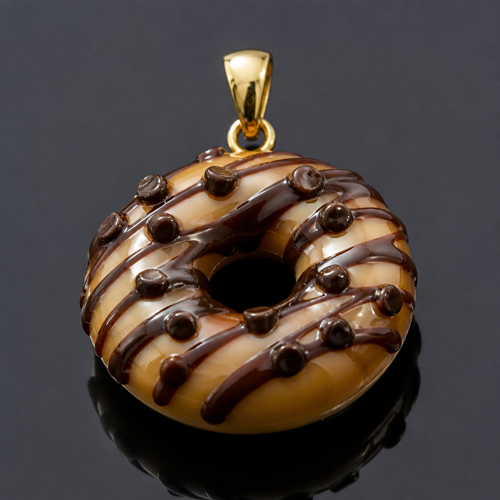 Maple bar donut with chocolate drizzle on top with chocolate chips on top
photorealistic jewelry design, Maple bar donut with chocolate drizzle on top with chocolate chips on top , just the design no text