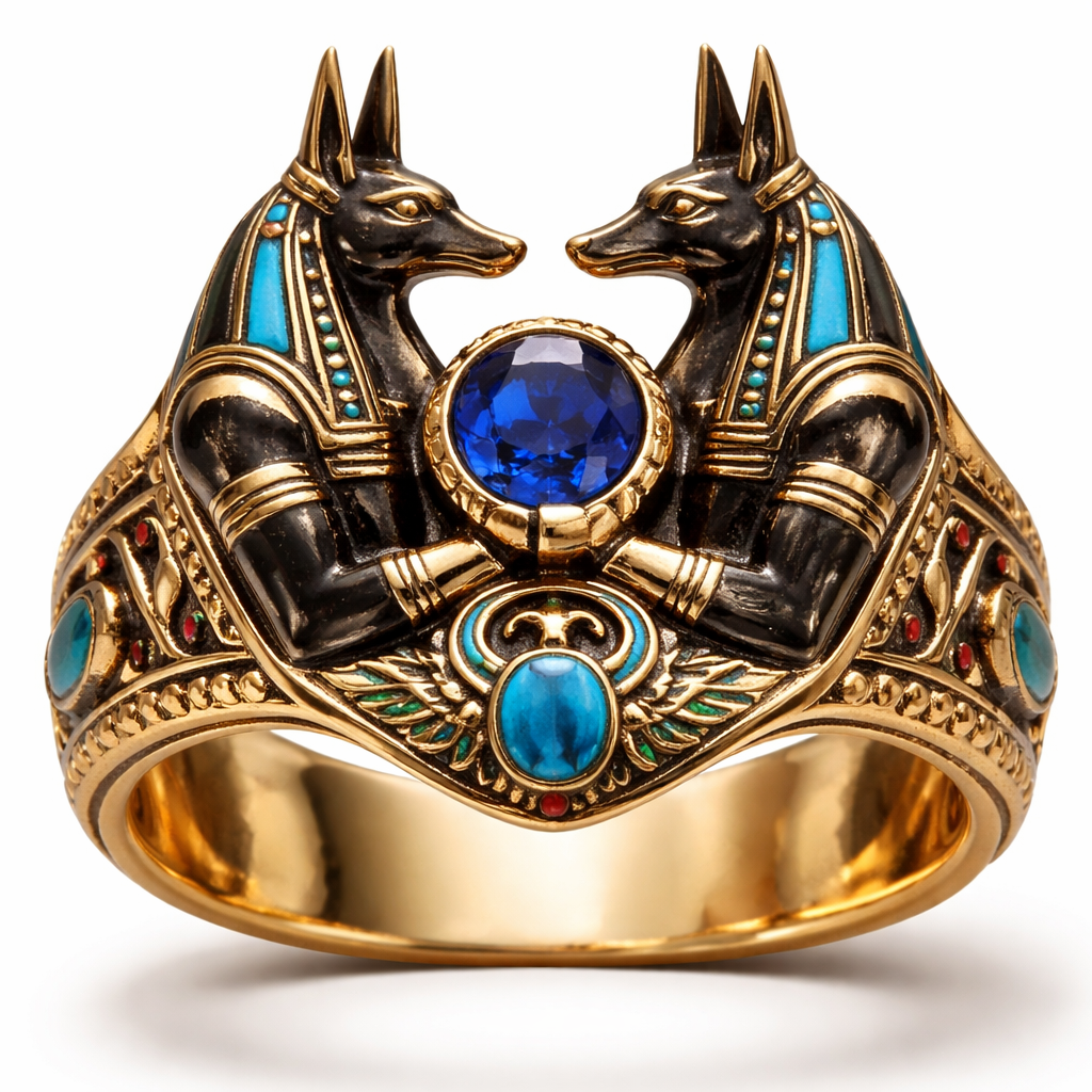 A gold ring with Egyptian jackal men on it
A gold ring with Egyptian jackal men on it , egyptian style