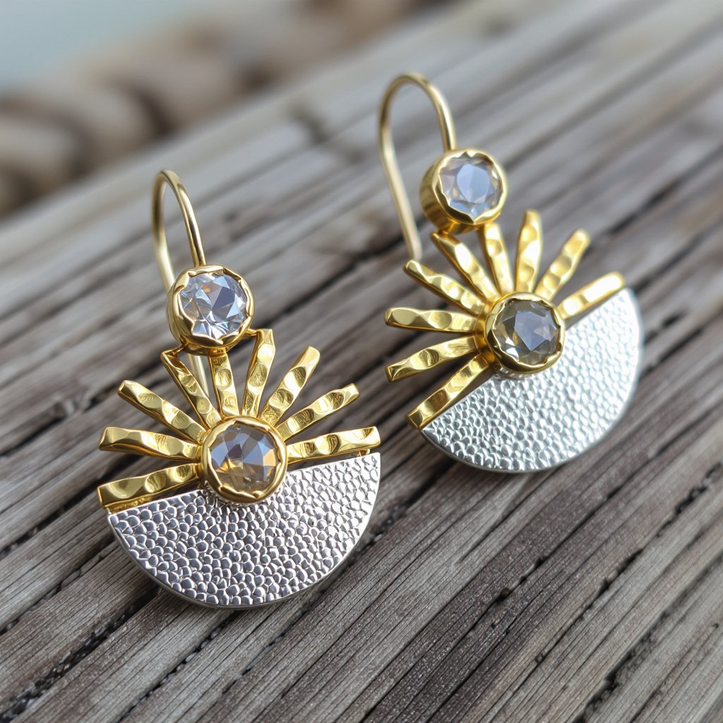 Золотые серьги полукруг половинка горящего солнца мятое неровное золото лучи волнистые другая половинка круга серебряная 