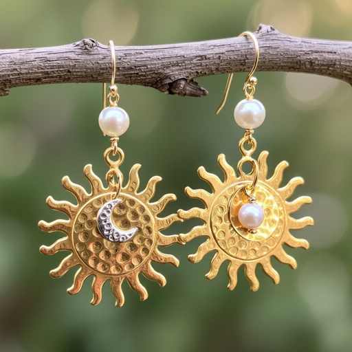 Золотые серьги словно мятое золото в форме солнца с волнистыми лучами, в центре солнца круглая дыра. крепится к застежке серьги. К нижней части солнца крепятся подвески: миниатюрная серебристая луна, очень маленький жемчуг и маленький золотой кружочек с мятым эффектом плоский
