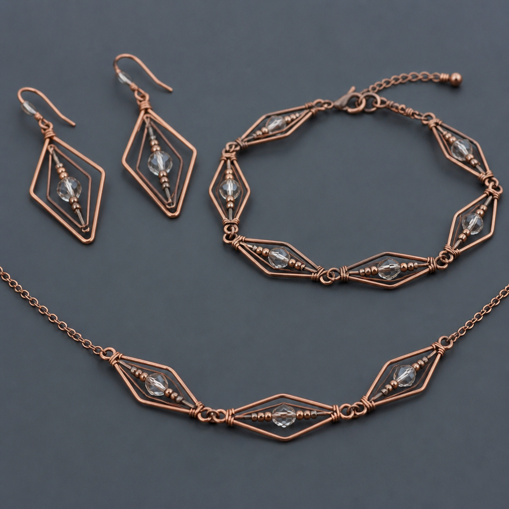 A geometric women's earrings made of copper suitable for daily wear, minimalist, simple and delicate, clean lines. made from wire, seed beads and crystal beads a set of earrings with matching bracelet and necklace
photorealistic jewelry design, A geometric women's earrings made of copper suitable for daily wear, minimalist, simple and delicate, clean lines. made from wire, seed beads and crystal beads a set of earrings with matching bracelet and necklace, geometric style, just the design no text