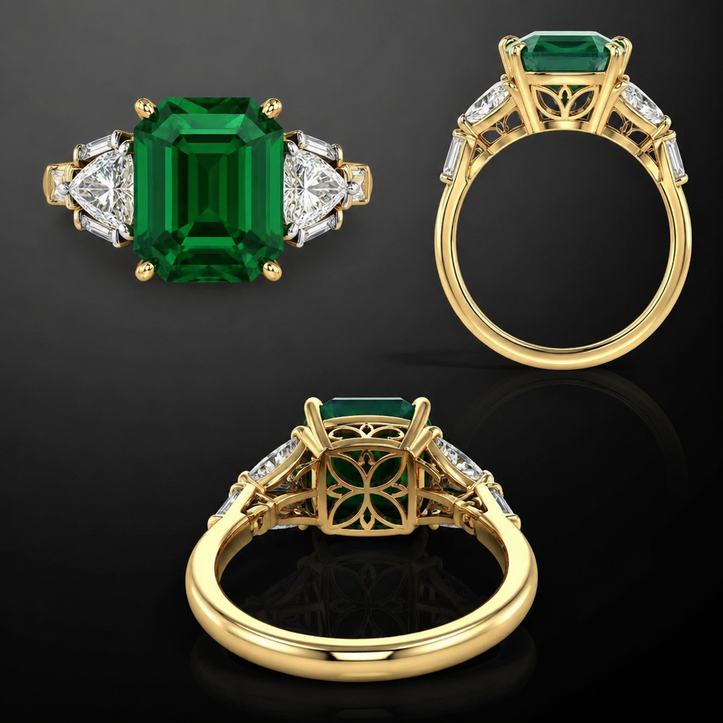 Make me emerald ring which gives a rich look with 18k gold and gallery at the back make it in Europian look the stone should be 3-5 carat size and fancy diamonds
photorealistic jewelry design,
Make me emerald ring which gives a rich look with 18k gold and gallery at the back make it in Europian look the stone should be 3-5 carat size and fancy diamonds
, classic style, just the design no text