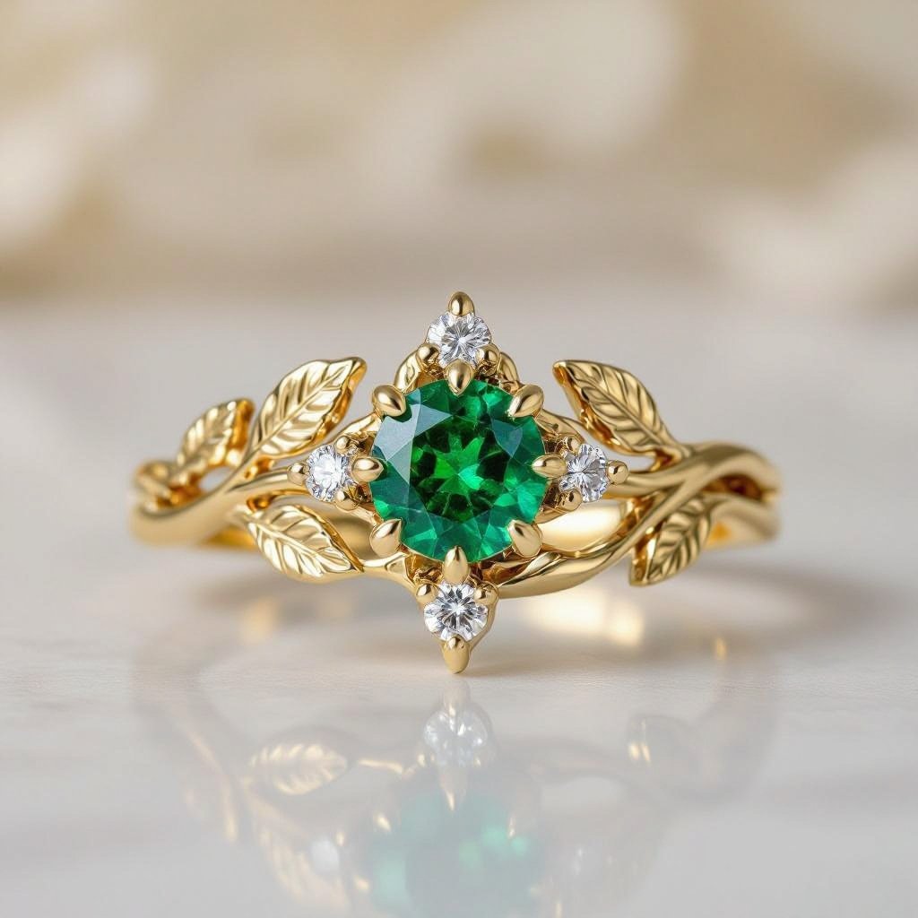 Anillo en oro con esmeralda trapiche con redonda y solo seis diamantes al rededor que forme un hexágono en el metal