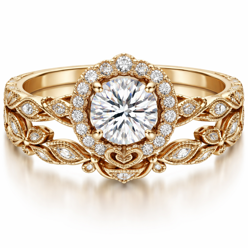 Gold vintage wedding ring with halo and hidden halo connected by a rose basket and a thin leaf eternity band