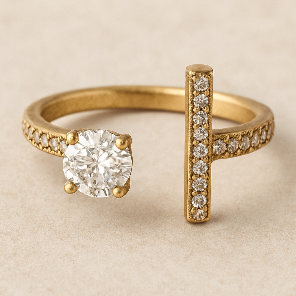 Disconnected pave t bar ring with 1 carat diamond on one side