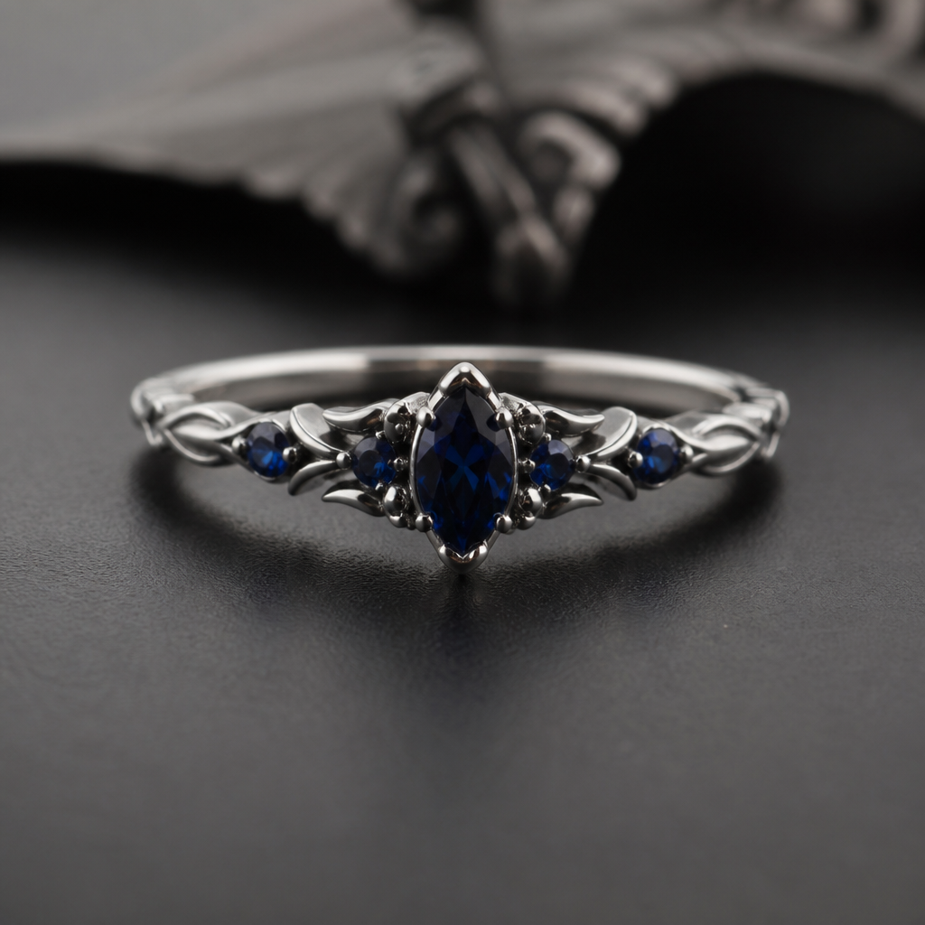 A gothic women's ring made of platinum with sapphire stones suitable for daily wear
photorealistic jewelry design, A gothic women's ring made of platinum with sapphire stones suitable for daily wear, gothic style, just the design no text