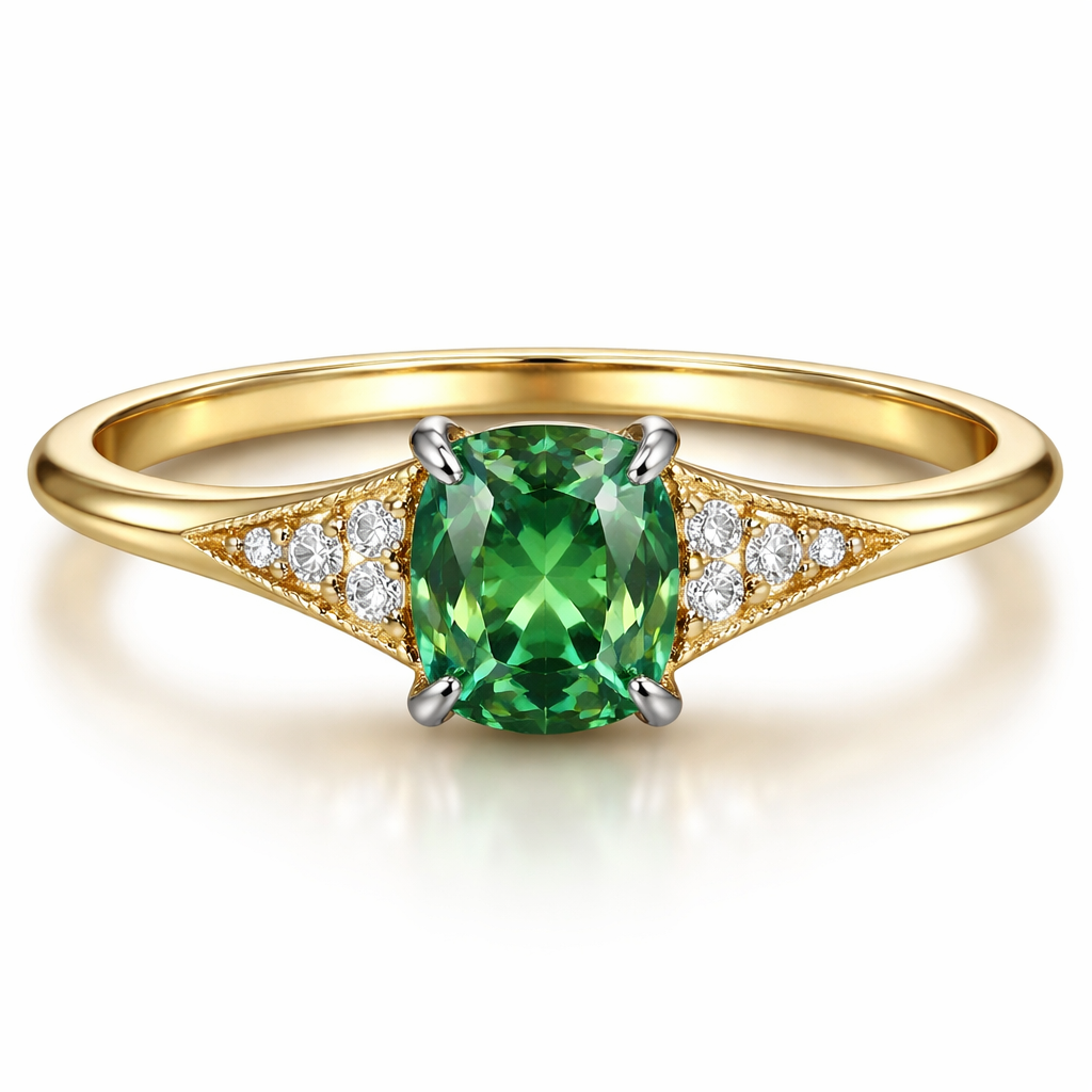 Show me a design for A yellow gold 18 carat very very thin band with a sharp angled edge ring. Central green sapphire in a slightly elongated cushion cut. Either side of the central sapphire are three very small diamonds on each side in a triangle formation with a bevelled edge border. The profile of the stones are raised higher with a bridge off the ring to accommodate a round wedding band underneath. All stones are held in place by four platinum pointy prongs.