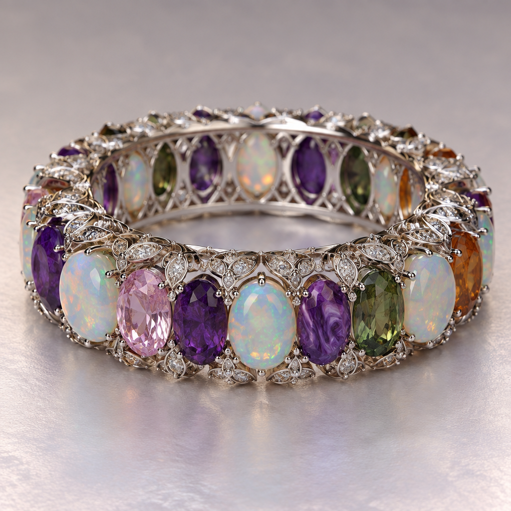 A eternity women's ring made of white gold with opal stones, highly ornate, intricate and elaborate, richly detailed. next to the Australian opal there needs to be:
kunzite, sugalite, charoite, green kyanite, & orange kyanite
photorealistic jewelry design, A eternity women's ring made of white gold with opal stones, highly ornate, intricate and elaborate, richly detailed. next to the Australian opal there needs to be:
kunzite, sugalite, charoite, green kyanite, & orange kyanite, eternity style, just the design no text