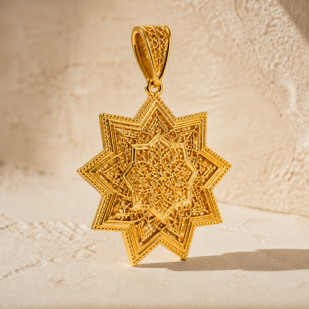 Prompt: A modern Arabic Sayaqah style pendant made of pure 21k yellow gold. The pendant is shaped as a complex geometric star with sharp lines and micro-filigree details. Premium jewelry catalog photography, floating in front of a clean beige stone texture, side-angle lighting highlighting the gold engravings, photorealistic, 8k. --ar 16:9
photorealistic jewelry design, Prompt: A modern Arabic Sayaqah style pendant made of pure 21k yellow gold. The pendant is shaped as a complex geometric star with sharp lines and micro-filigree details. Premium jewelry catalog photography, floating in front of a clean beige stone texture, side-angle lighting highlighting the gold engravings, photorealistic, 8k. --ar 16:9, just the design no text