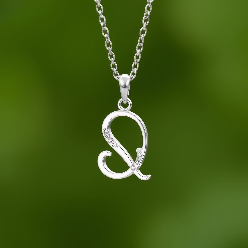 silver necklace with the pendant in conjoined letters SQ with white  stones. Make it cute and simple 