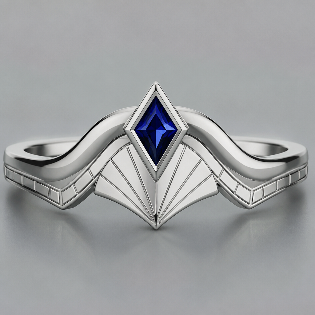 Art deco fan nestled into a curvy chevron band with kite sapphire bezel set on top of the fan
photorealistic jewelry design, Art deco fan nestled into a curvy chevron band with kite sapphire bezel set on top of the fan, art_deco style, just the design no text