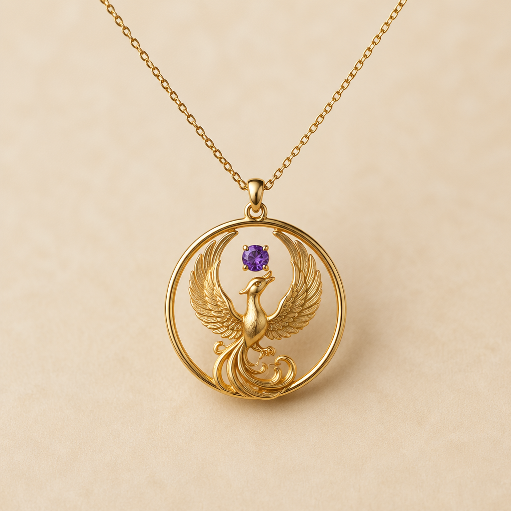 A minimalist women's necklace made of gold with amethyst stones suitable for daily wear. fio dourado, ouro, a joia em si, um circulo com a fenix no centro segurando a oedra pequena amethist. Um fio dimples para usar no dia a dia com um toque de charm
photorealistic jewelry design, A minimalist women's necklace made of gold with amethyst stones suitable for daily wear. fio dourado, ouro, a joia em si, um circulo com a fenix no centro segurando a oedra pequena amethist. Um fio dimples para usar no dia a dia com um toque de charm, minimalist style, just the design no text