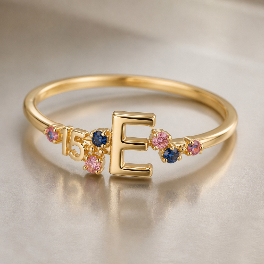 A modern women's ring made of gold, minimalist, simple and delicate, clean lines. um anel de 15 anos com inicial E com pedrinhas azul e pedrinhas rosa em volta
photorealistic jewelry design, A modern women's ring made of gold, minimalist, simple and delicate, clean lines. um anel de 15 anos com inicial E com pedrinhas azul e pedrinhas rosa em volta, modern style, just the design no text