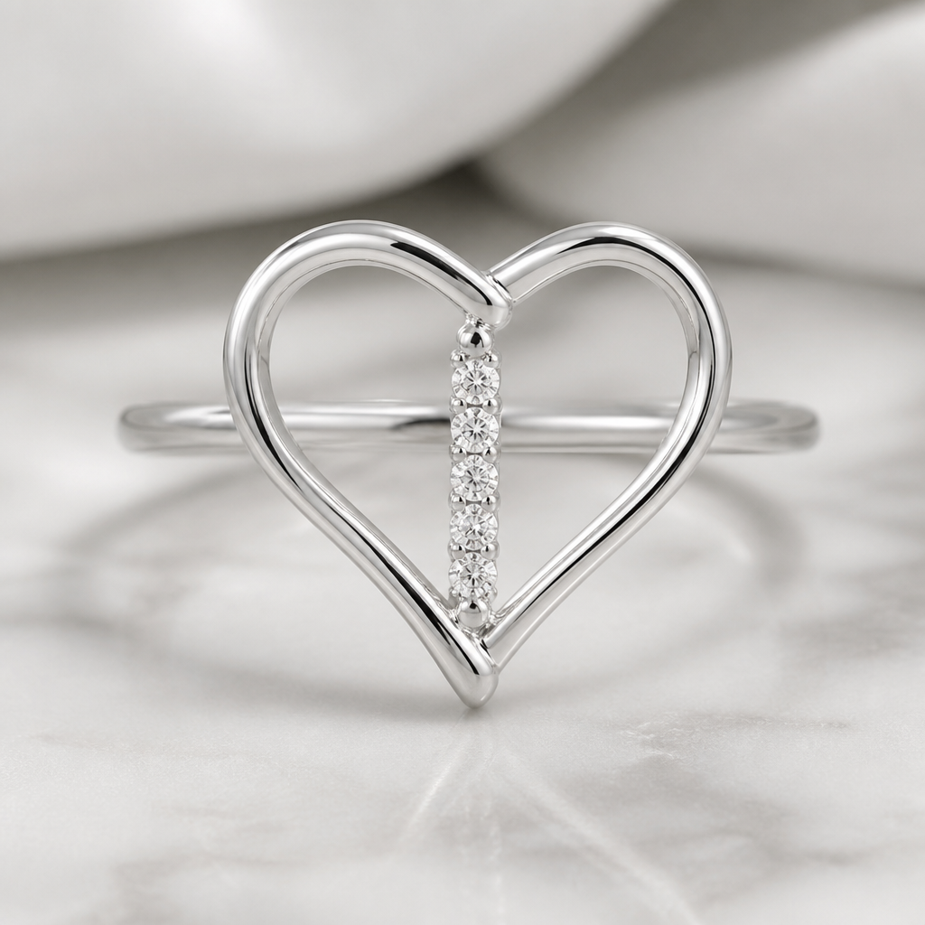 A women's ring made of silver with diamond stones. Coeur avec une ligne qui est dans le milieu du coeur avec des diamant, métal très mince et coeur torsadé
photorealistic jewelry design, A women's ring made of silver with diamond stones. Coeur avec une ligne qui est dans le milieu du coeur avec des diamant, métal très mince et coeur torsadé, modern style, just the design no text