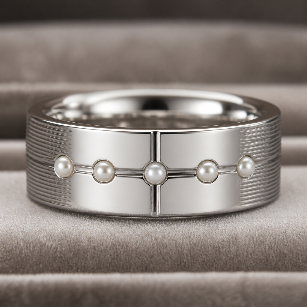 A men's ring. A single solid 18k white gold wedding band, comfort fit profile with a polished finish, high-end jewelry photography. On the front, there is a clean engraved cross symbol. Five small white pearls are set along the band: one pearl is precisely at the center of the cross, two pearls are set to the left at 30-degree and 60-degree angles from the center, and two pearls are set to the right at 30-degree and 60-degree angles from the center. The sides (edges) of the band feature a subtle horizontal ribbed texture with very small, micro-dimension horizontal lines (subtle grooved lines/parallel horizontal incisions). Luxury studio lighting, macro shot, neutral velvet background
la cruz tiene que cruzar todo el anillo