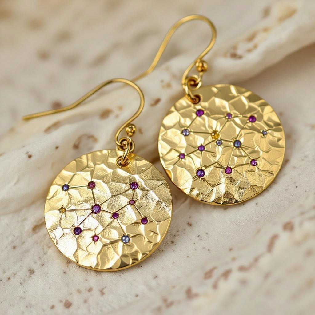 Серьги и кулон в одном стиле. Светлое матовое состаренное мятое золото. На круге изобрежены созвездия. Очень маленькие сиреневые камушки. 