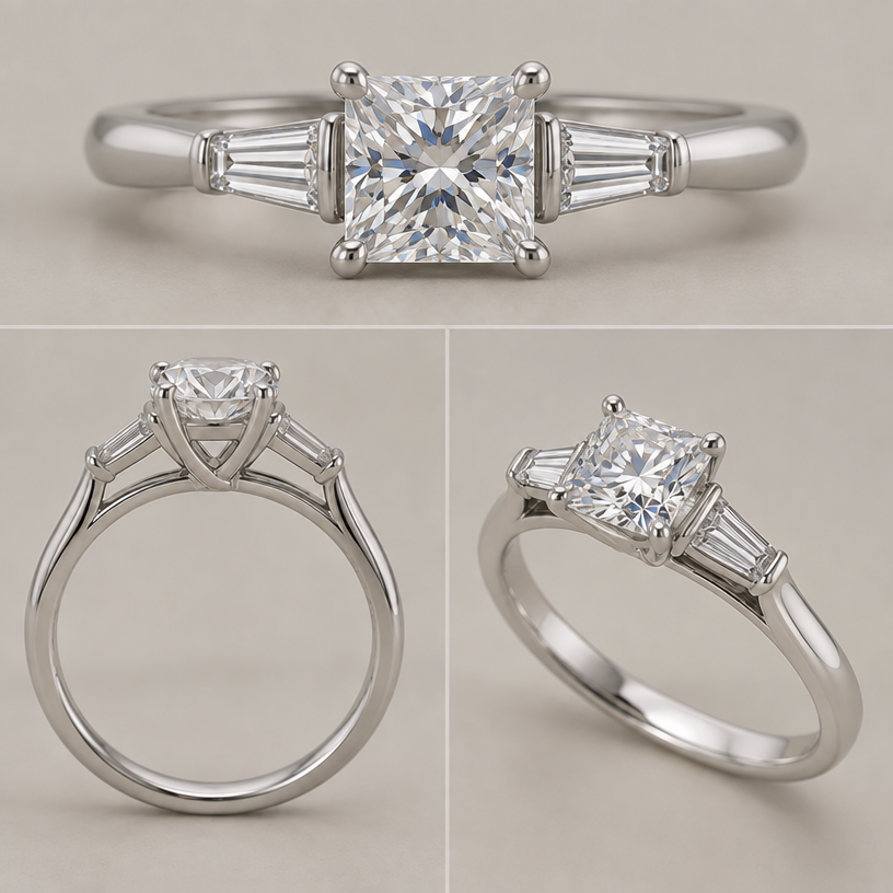 Replace the center diamond with a square diamond
edit the attached jewelry design with these instructions: Replace the center diamond with a square diamond. keep it photorealistic, just the design no text