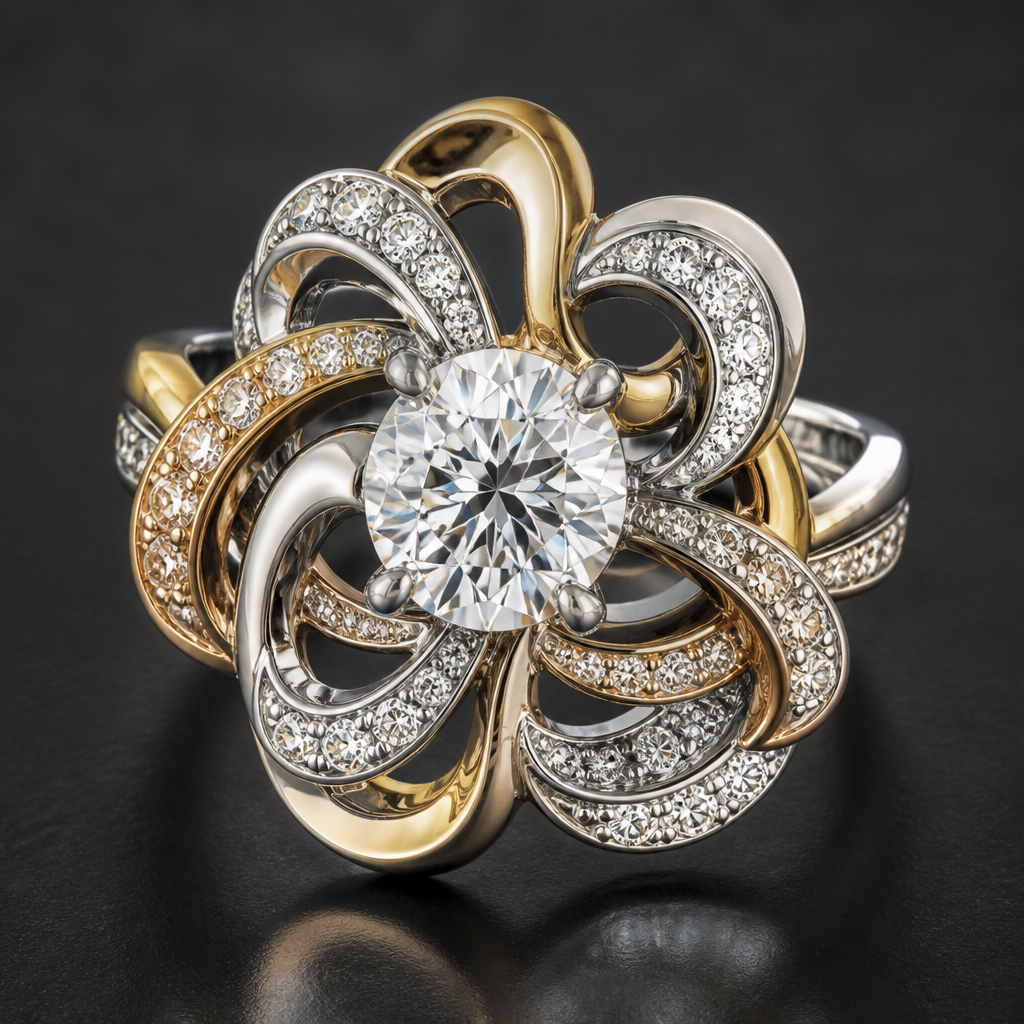 A statement women's ring made of mixed metal with diamond stones suitable for festival. An extraordinary excellent beautiful delicate and elegant solitaire women ring. Face of the ring.
photorealistic jewelry design, A statement women's ring made of mixed metal with diamond stones suitable for festival. An extraordinary excellent beautiful delicate and elegant solitaire women ring. Face of the ring., statement style, just the design no text