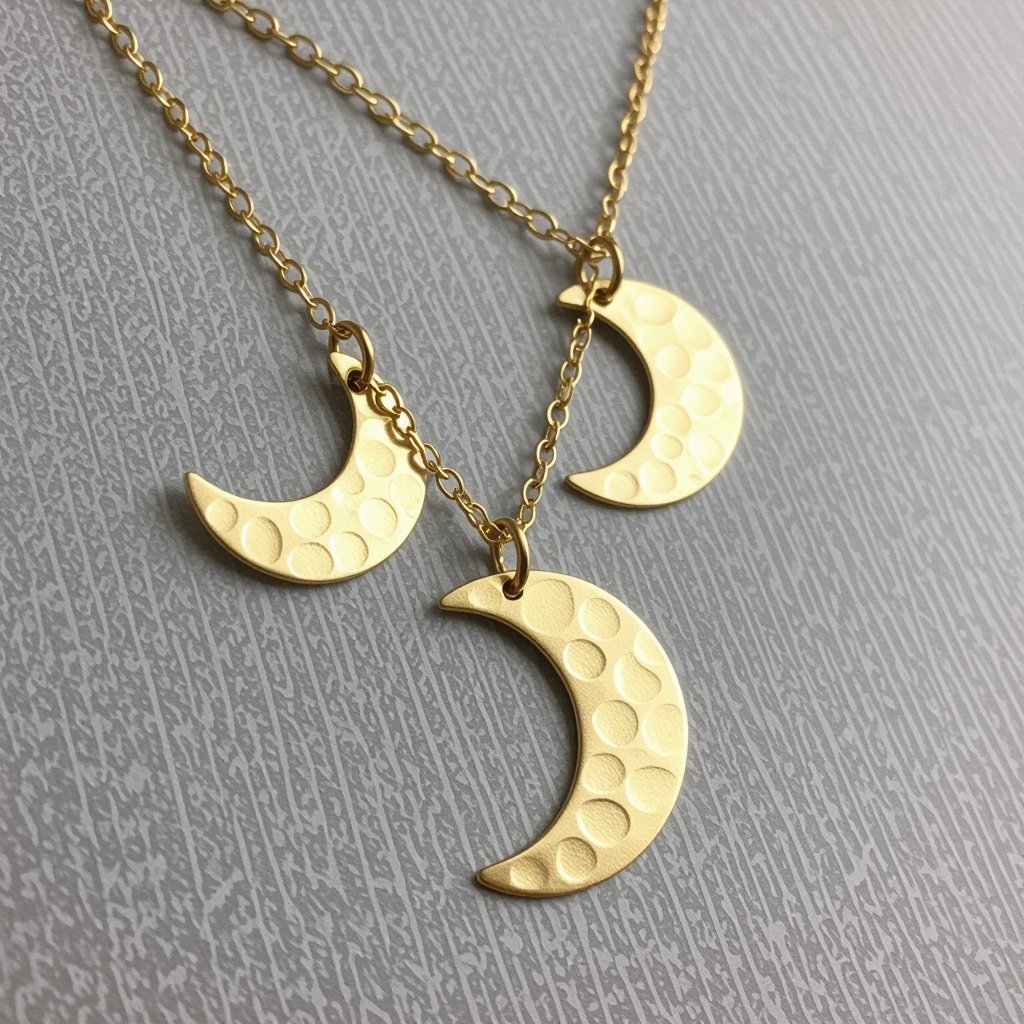 Подвеска из трех полумесяцев из матового неровного светлого золота с узорами соединенных цепочкой сверху самый широкий полукруг дальше средний и снизу самый маленький