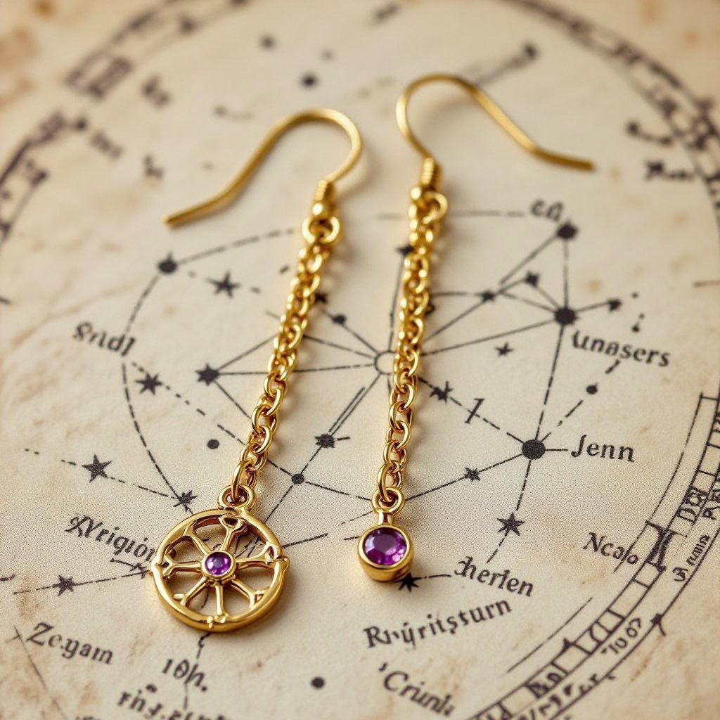 Серьги длинные на цепочках матовое золото мятое. Символ схематично созвездие. Маленькие фиолетовые камушки