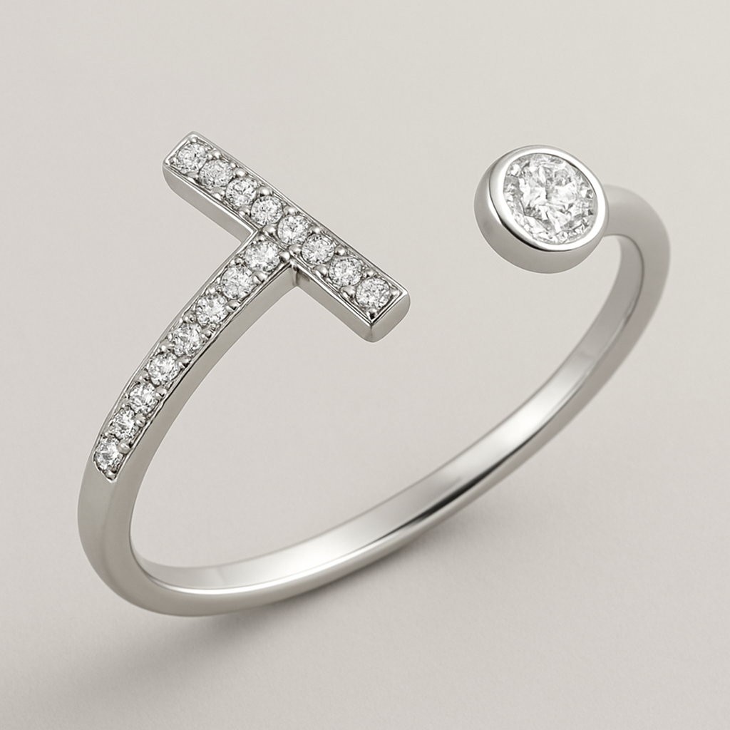 Pave T bar ring with diamond on one side disconnected