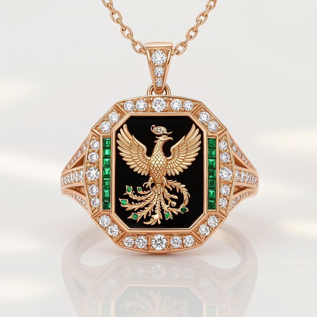 Pendant Geomatric rose gold and A platinum signet ring with phoenix printed on it for women Design a luxurious platinum signet ring that embodies the elegance of Art Deco style, featuring a striking phoenix rendered in intricate geometric patterns. Emphasize bold lines and symmetry, with contrasting finishes for depth. Adorn the ring with brilliant-cut diamonds and emeralds, capturing the spirit of rebirth and timeless sophistication. Rose gold geometric ring. Platinum signet ring with a phoenix. Platinum Art Deco signet ring with a phoenix, brilliant-cut diamonds, and emeralds.