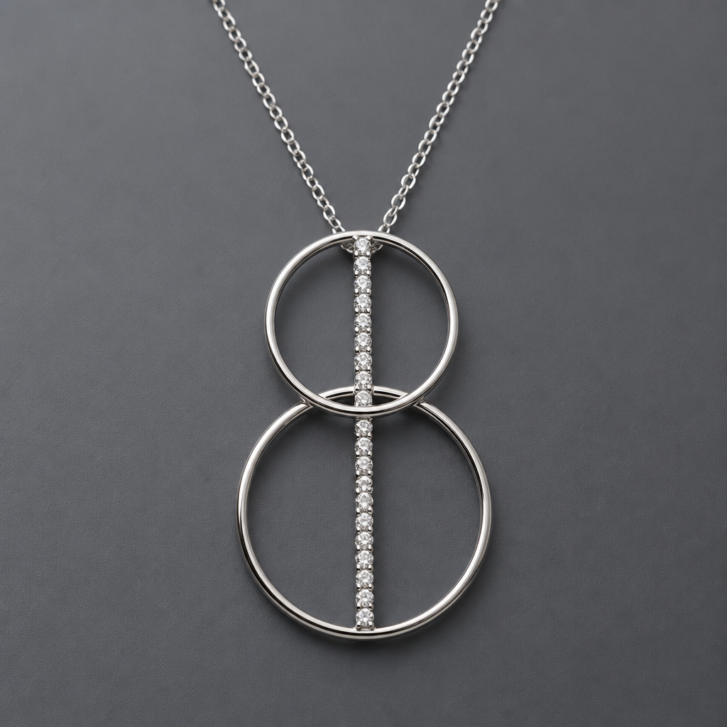 A women's pendant made of silver. collier avec 2 cercles fin, un par dessus l'autre,sans diamand, cercle du dessus plus petit, relié par une ligne de diamands qui est dans les cercles, cercles superposé haut en bas
photorealistic jewelry design, A women's pendant made of silver. collier avec 2 cercles fin, un par dessus l'autre,sans diamand, cercle du dessus plus petit, relié par une ligne de diamands qui est dans les cercles, cercles superposé haut en bas, modern style, just the design no text