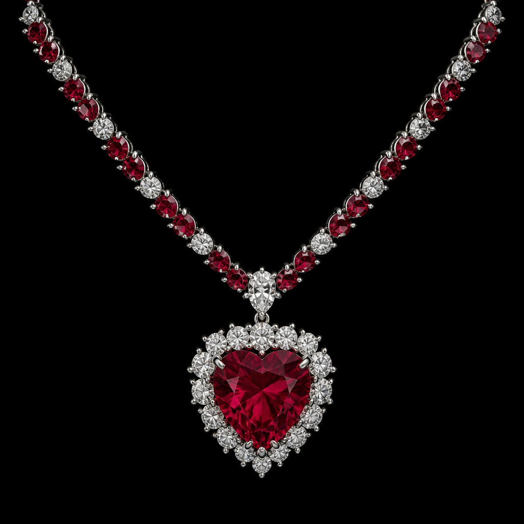 Luxury ruby diamond heart neclace
photorealistic jewelry design, Luxury ruby diamond heart neclace, just the design no text