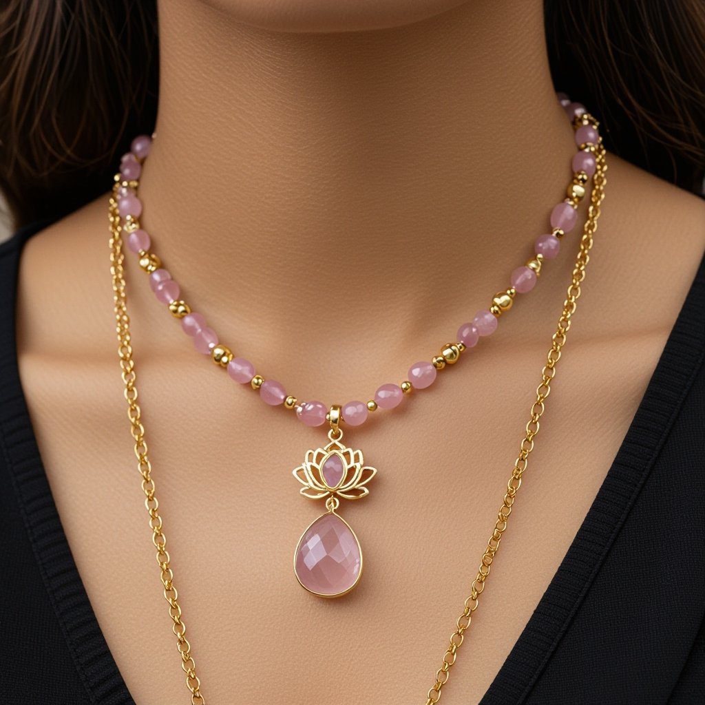 Цепочка из золота с золотыми мелкими шариками и мелкими из мелкого розового кварца посредине лотос от лотоса идут цепочки золотые вниз