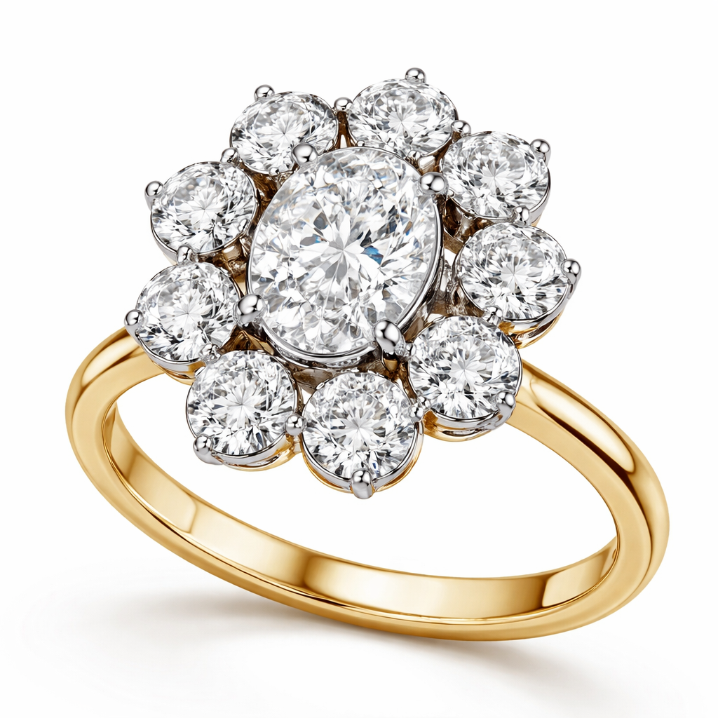 Create a flower style ring with the center stone being an oval three-quarter carat with large round stones, creating the look of a flower around the perimeter of the oval set the diamonds in platinum on a 14 yellow karat gold band the Centerstone has to be an oval, not a round, please make the center stone, a three-quarter carat oval leave space between the large round diamonds that create the flower halo and do eight stones, even if there is some space between them
