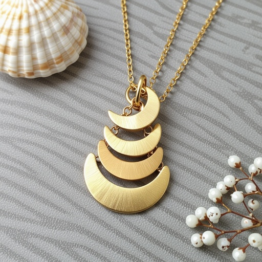 Подвеска из трех полумесяцев из матового неровного светлого золота соединенных цепочкой сверху самый широкий полукруг дальше средний и снизу самый маленький