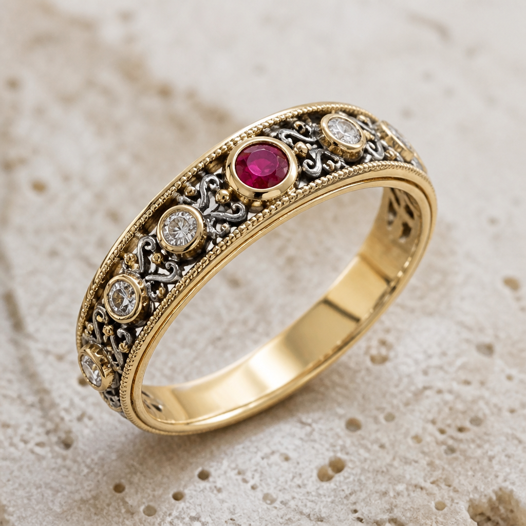 A byzantine women's ring made of mixed metal with diamond and ruby stones suitable for daily wear
photorealistic jewelry design, A byzantine women's ring made of mixed metal with diamond and ruby stones suitable for daily wear, byzantine style, just the design no text