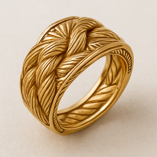 Yellow gold ring made to look like a piece of twine from a loaf of bread wrapped like a ring 